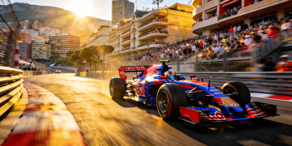 F1赛车在摩纳哥街道赛道上飞驰而过的动态模糊照片